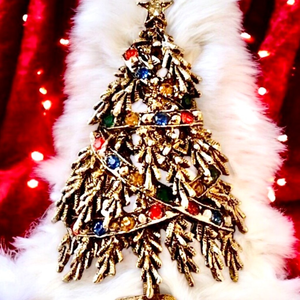 Art Arthur Pepper Vintage Christmas Tree Brooch Rhinestones & Beads Snow Signed